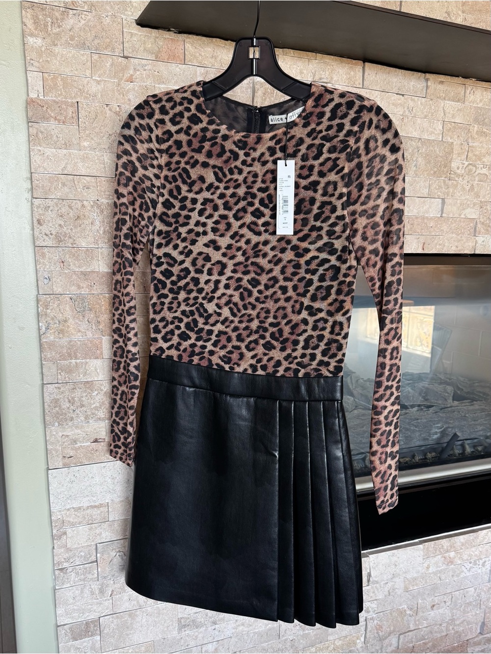 Alice + Olivia Leopard Print Top with Black Pleated Faux Leather Skirt Set